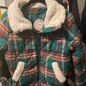Umgee Teal and Red Plaid Bomber Jacket with Sherpa Collar